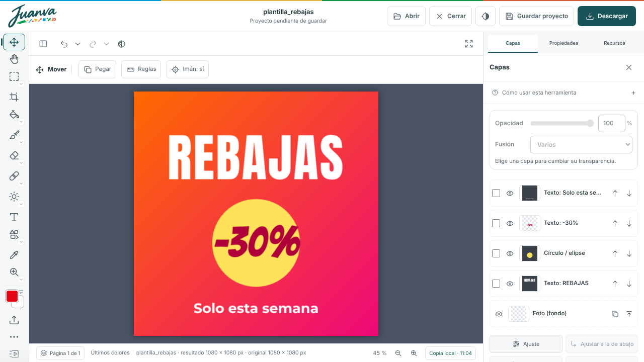El editor de Juanva con una foto abierta, la barra de herramientas a la izquierda y el panel de capas a la derecha